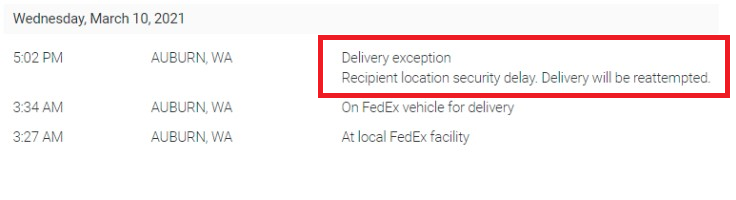 What “Recipient location security delay. Delivery will be reattempted.” mean?